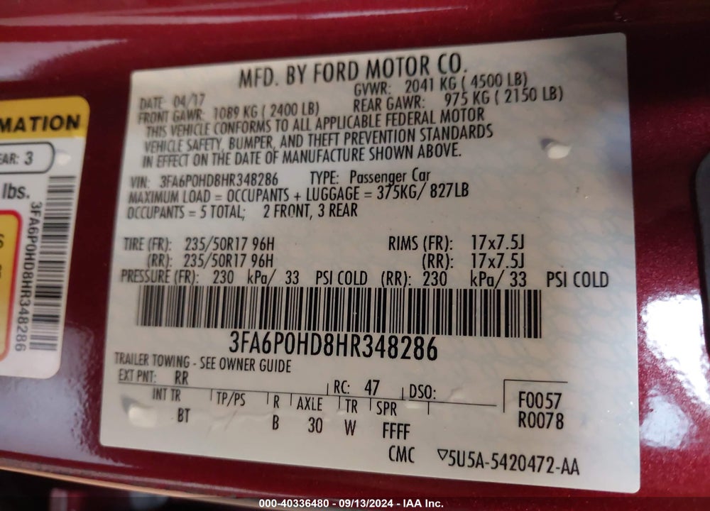 2017 FORD FUSION SE VIN: 3FA6P0HD8HR348286
