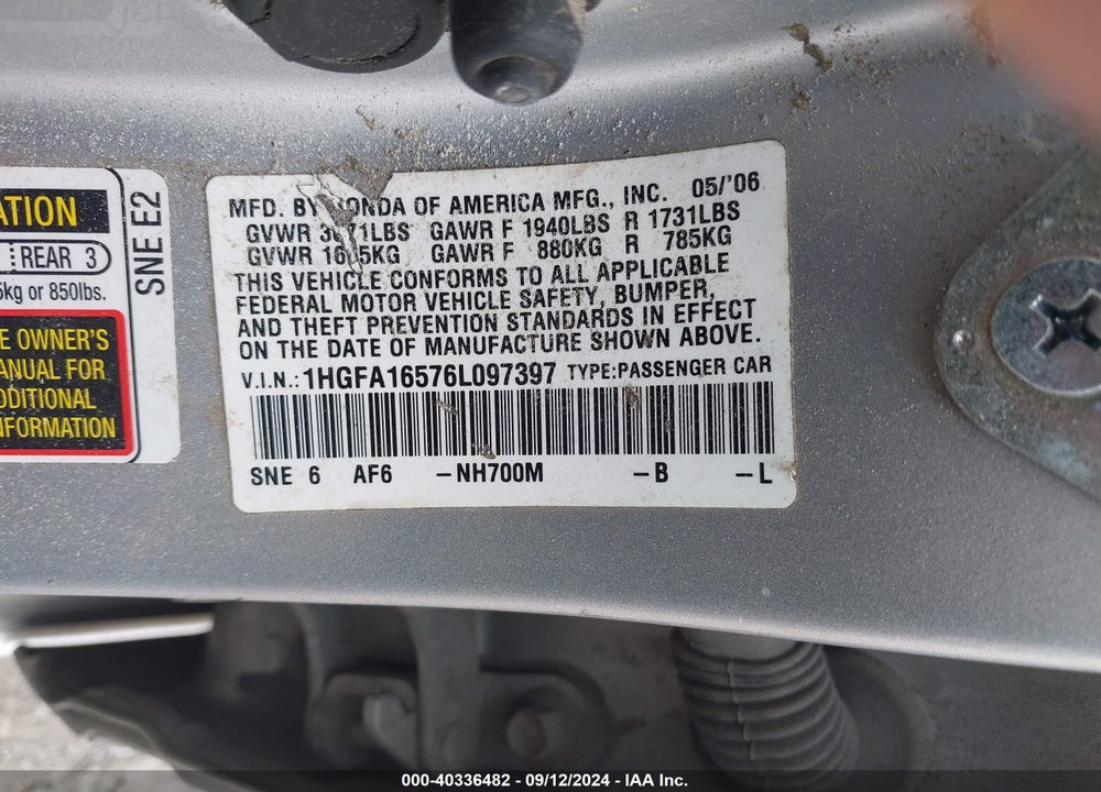 2006 HONDA CIVIC LX VIN: 1HGFA16576L097397