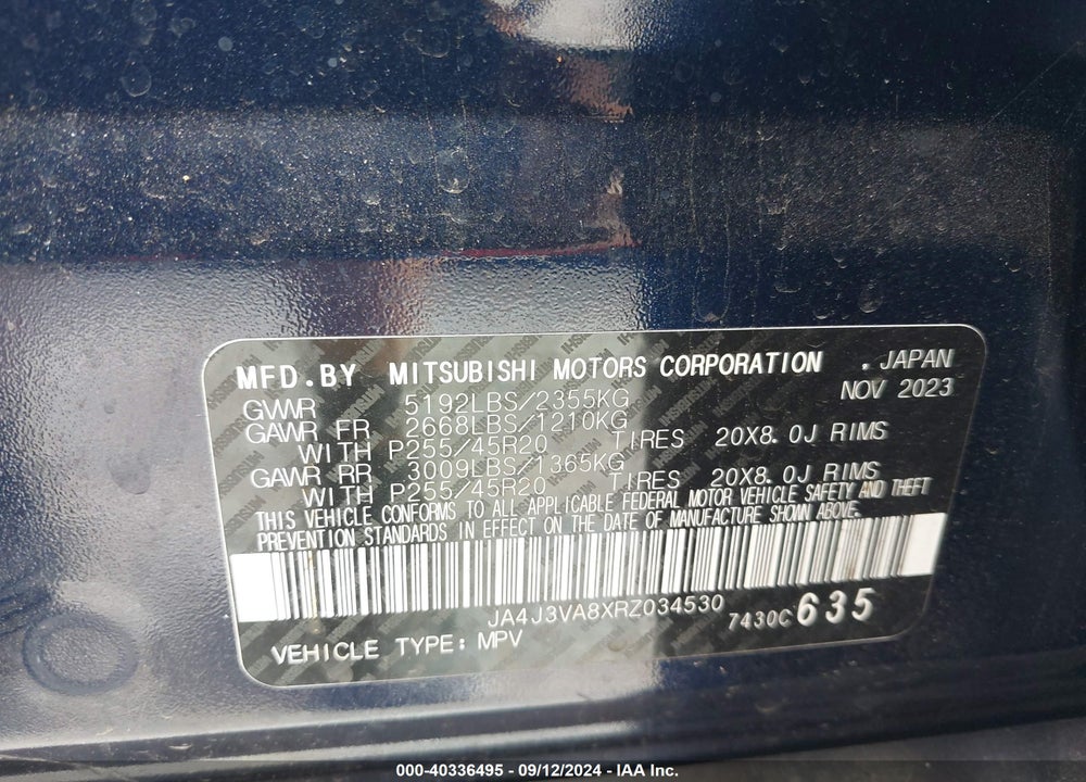 2024 MITSUBISHI OUTLANDER SE 2.5 2WD/SE BLACK EDITION S-AWC/SE BLACK EDITION W/PANO ROOF VIN: JA4J3VA8XRZ034530