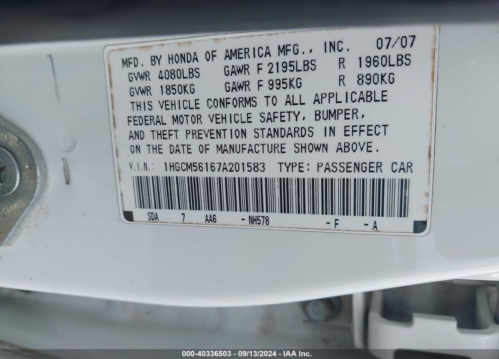 2007 HONDA ACCORD 2.4 VP VIN: 1HGCM56167A201583