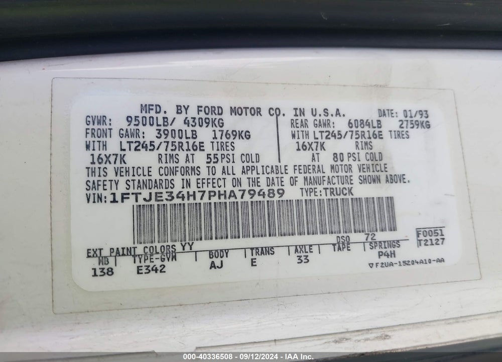 1993 FORD ECONOLINE E350 VAN VIN: 1FTJE34H7PHA79489