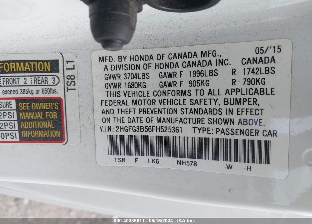 2015 HONDA CIVIC VIN: 2HGFG3B56FH525361