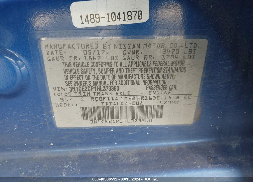 2017 NISSAN VERSA NOTE SV VIN: 3N1CE2CP1HL373360