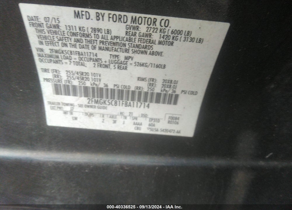 2015 FORD FLEX SEL VIN: 2FMGK5C81FBA11714