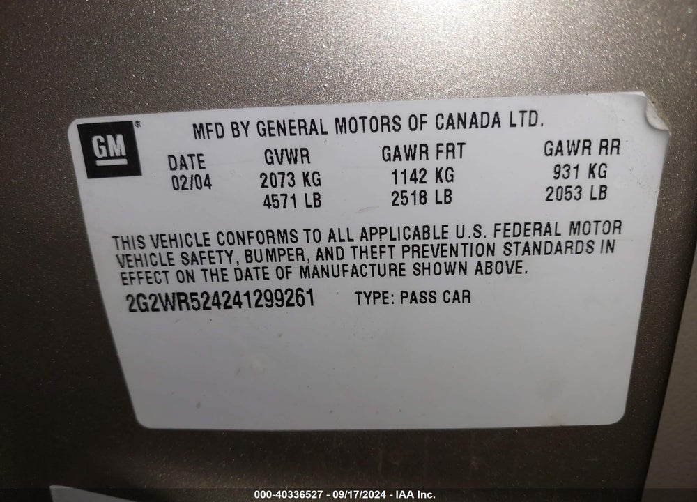 2004 PONTIAC GRAND PRIX GTP VIN: 2G2WR524241299261