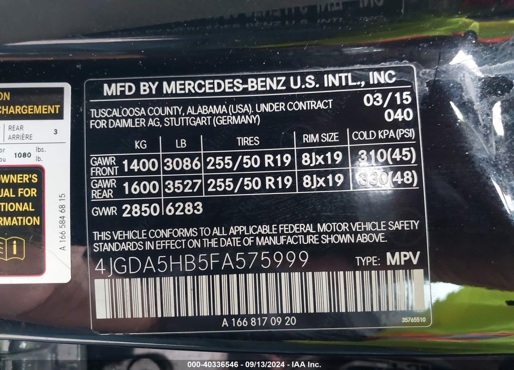 2015 MERCEDES-BENZ ML 350 4MATIC VIN: 4JGDA5HB5FA575999