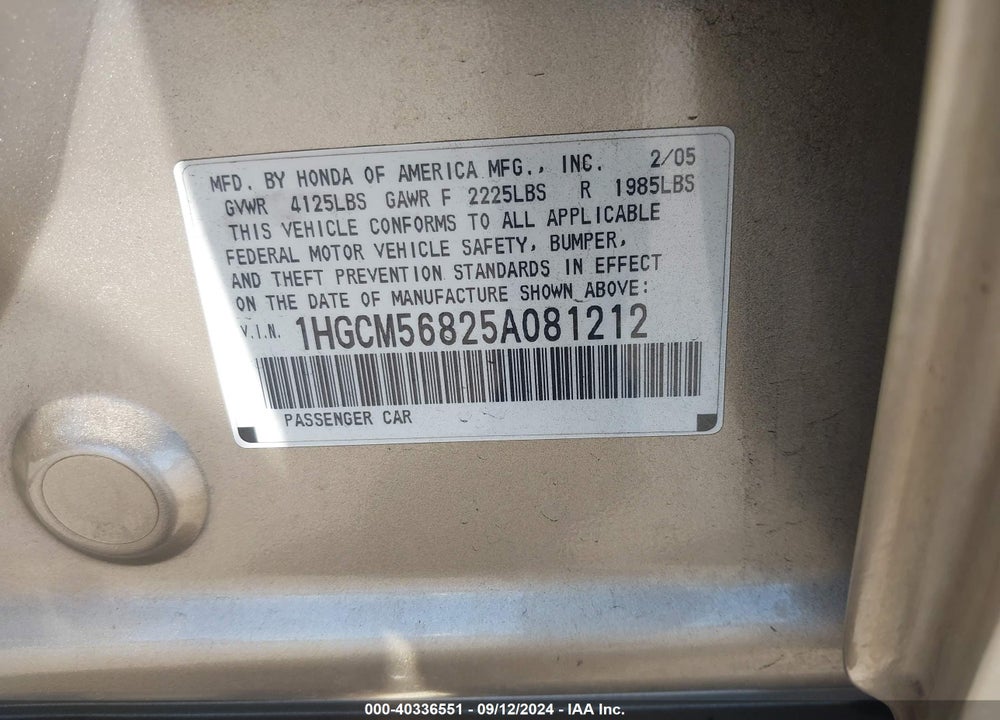 2005 HONDA ACCORD 2.4 EX VIN: 1HGCM56825A081212