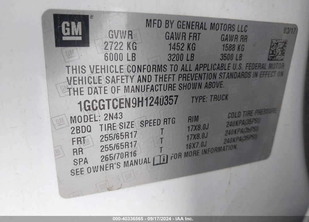 2017 CHEVROLET COLORADO LT VIN: 1GCGTCEN9H1240357