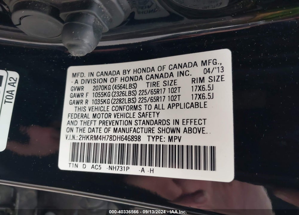 2013 HONDA CR-V EX-L VIN: 2HKRM4H78DH646898