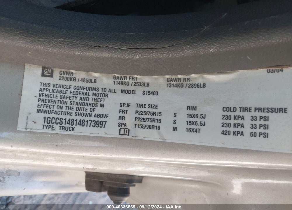 2004 CHEVROLET COLORADO LS VIN: 1GCCS148148173997