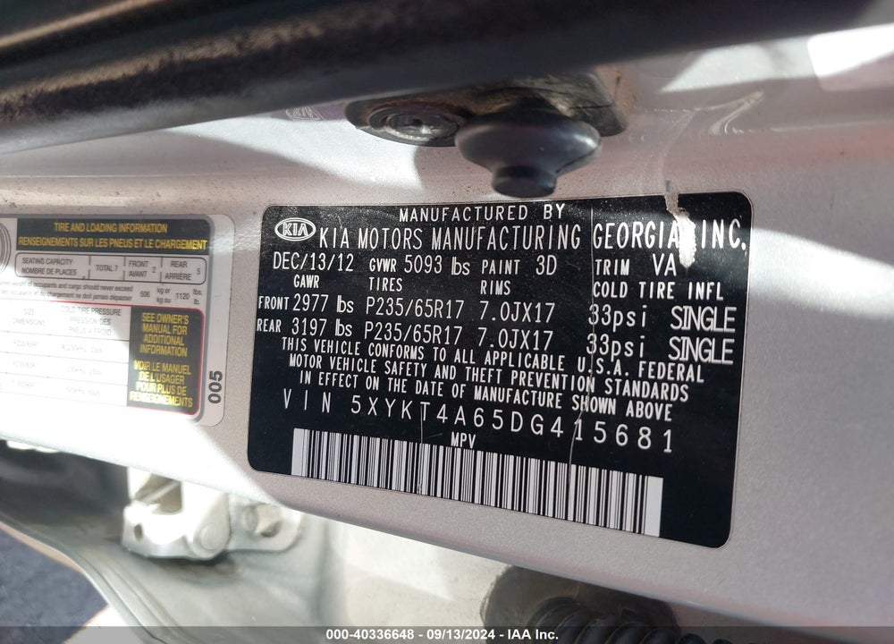 2013 KIA SORENTO LX VIN: 5XYKT4A65DG415681
