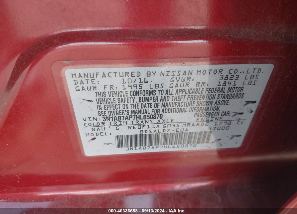 2017 NISSAN SENTRA SV VIN: 3N1AB7AP7HL650870