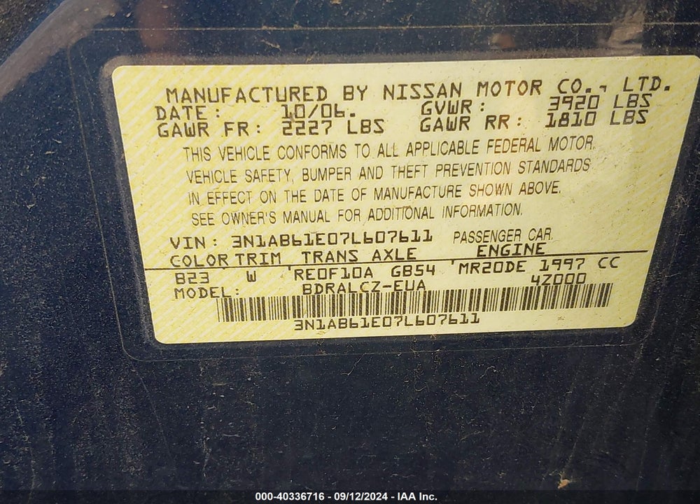 2007 NISSAN SENTRA 2.0 VIN: 3N1AB61E07L607611