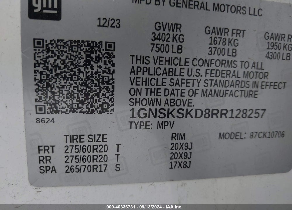 2024 CHEVROLET TAHOE 4WD PREMIER VIN: 1GNSKSKD8RR128257