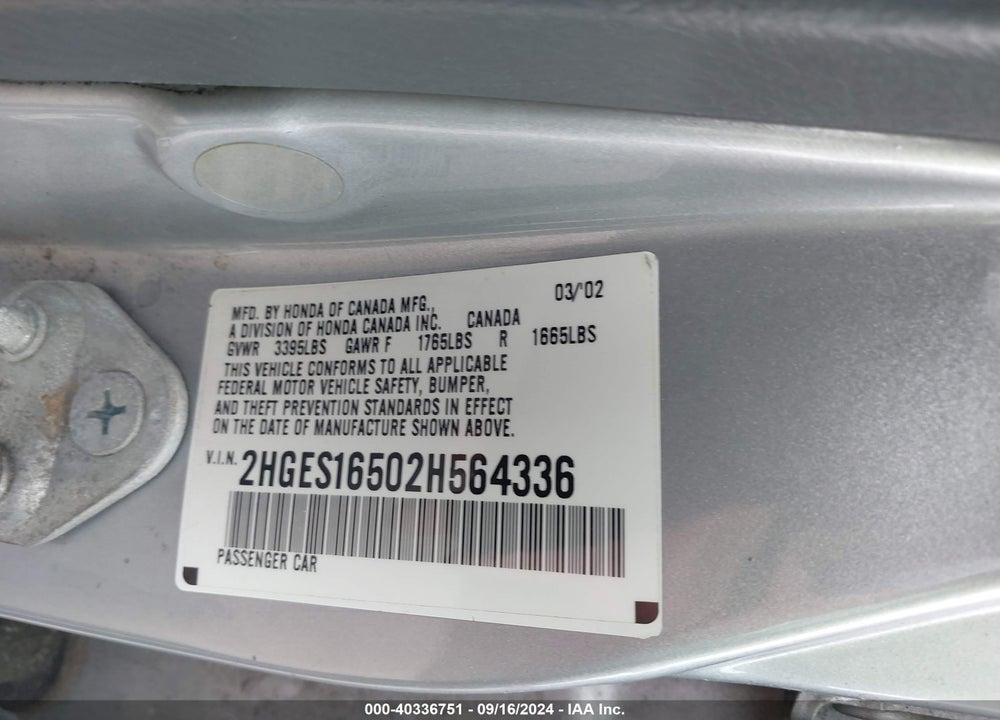 2002 HONDA CIVIC LX VIN: 2HGES16502H564336