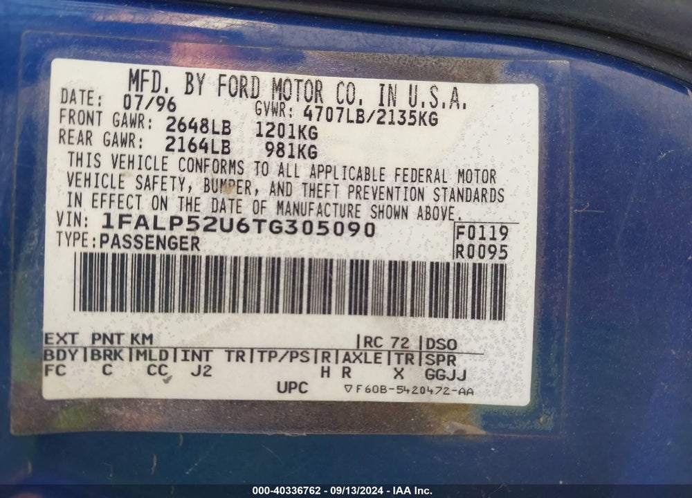 1996 FORD TAURUS GL VIN: 1FALP52U6TG305090
