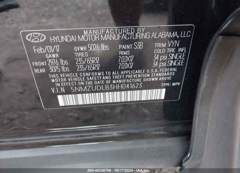 2017 HYUNDAI SANTA FE SPORT 2.4L VIN: 5NMZUDLB3HH041623