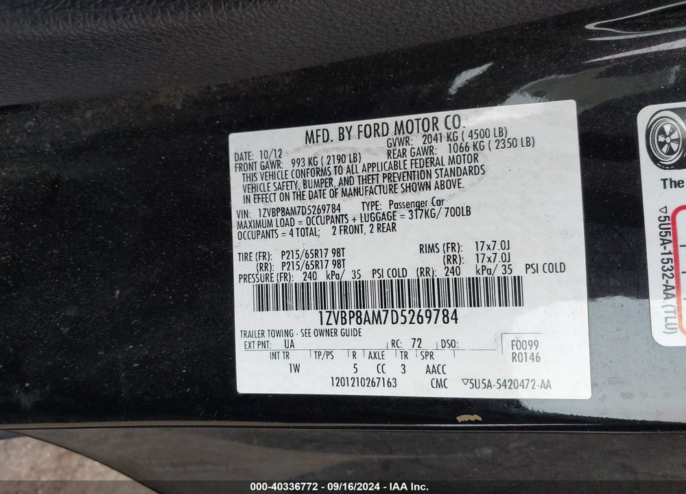 2013 FORD MUSTANG V6 VIN: 1ZVBP8AM7D5269784