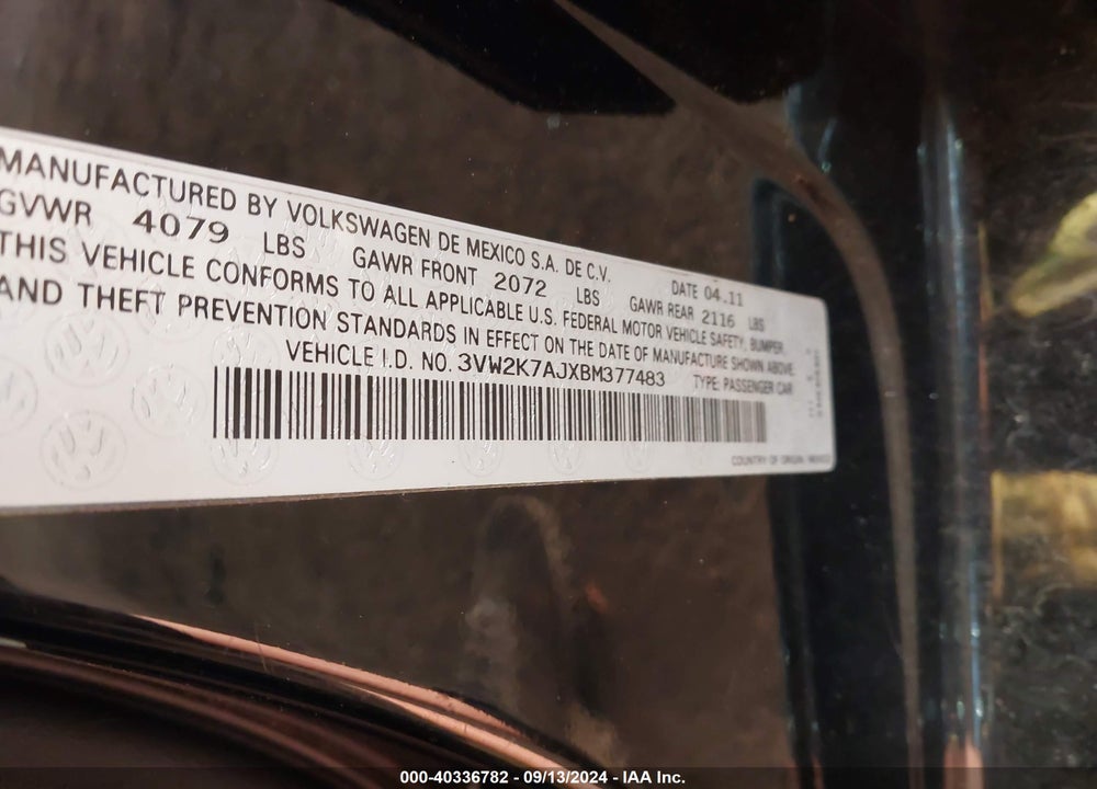 2011 VOLKSWAGEN JETTA 2.0L S VIN: 3VW2K7AJXBM377483