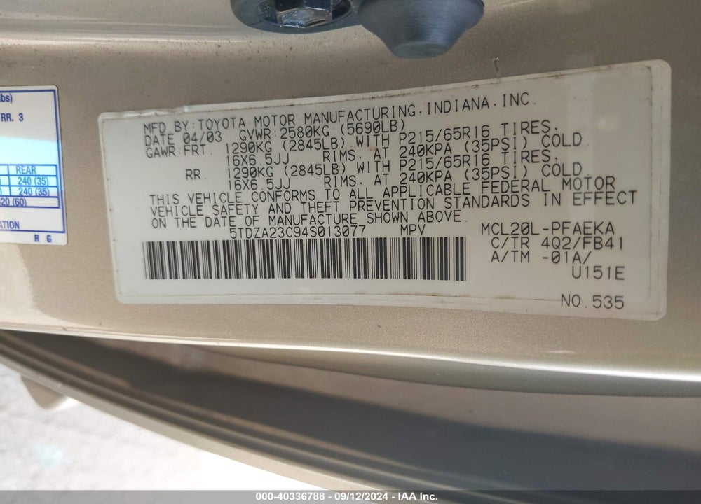 2004 TOYOTA SIENNA LE VIN: 5TDZA23C94S013077