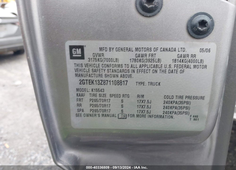 2007 GMC SIERRA 1500 CLASSIC SLE2 VIN: 2GTEK13Z871108817