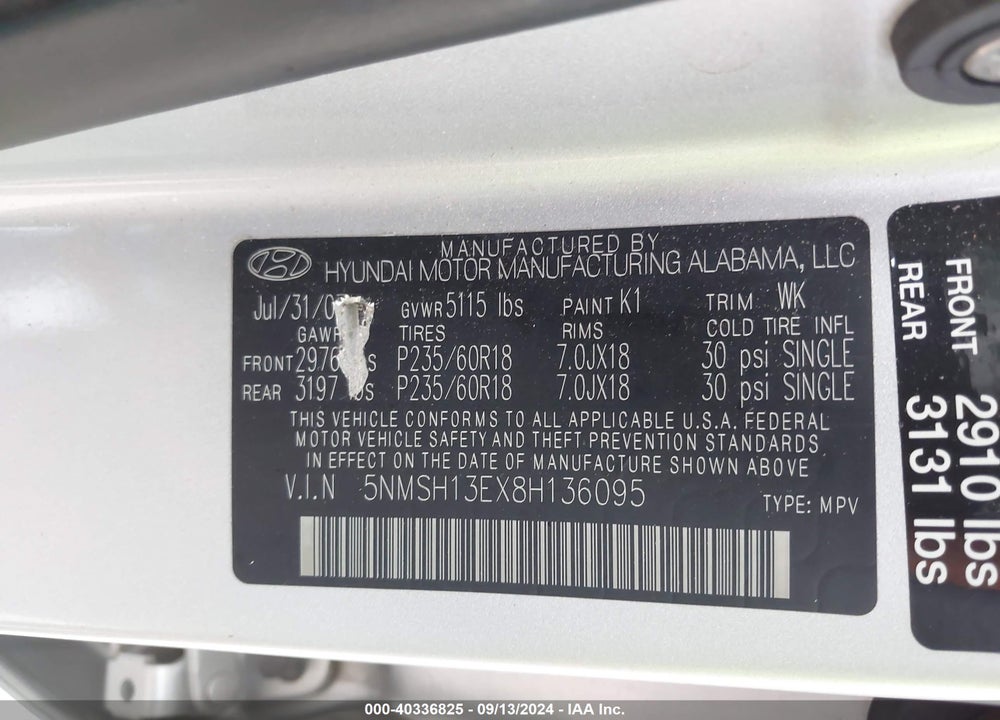 2008 HYUNDAI SANTA FE LIMITED/SE VIN: 5NMSH13EX8H136095