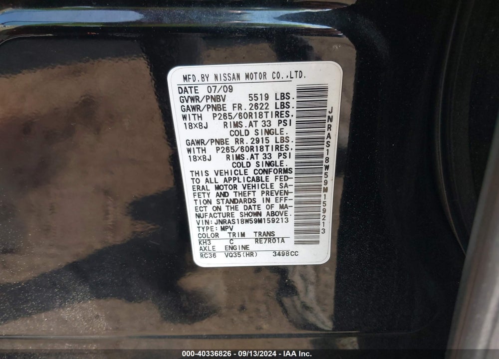 2009 INFINITI FX35 VIN: JNRAS18W59M159213