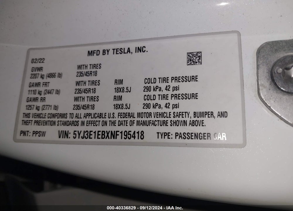 2022 TESLA MODEL 3 LONG RANGE DUAL MOTOR ALL-WHEEL DRIVE VIN: 5YJ3E1EBXNF195418