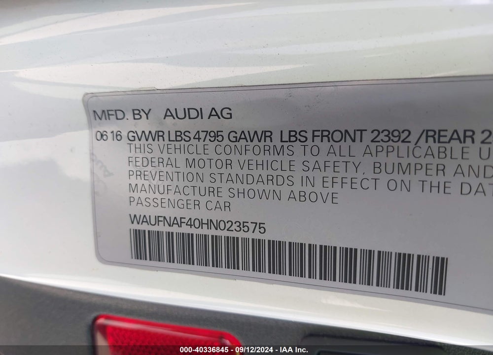 2017 AUDI A4 2.0T PREMIUM VIN: WAUFNAF40HN023575