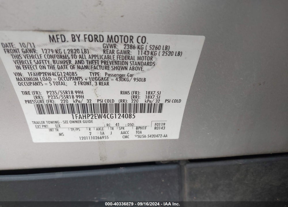 2012 FORD TAURUS VIN: 1FAHP2EW4CG124085