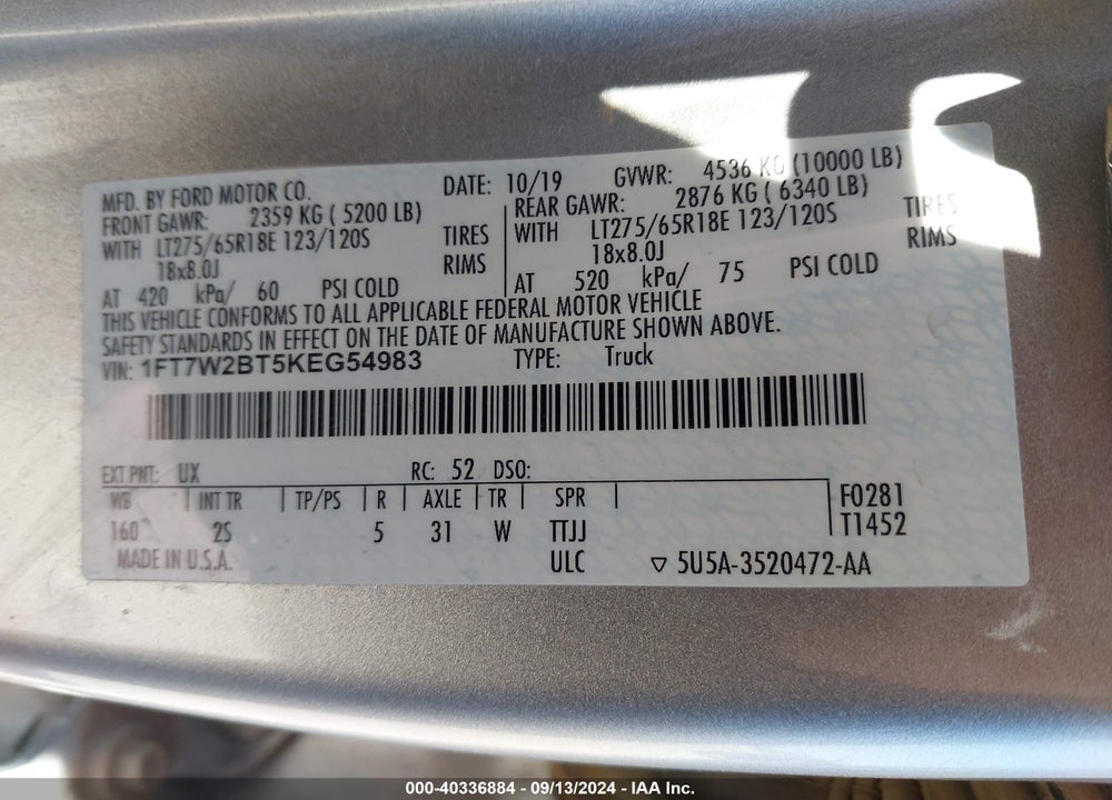 2019 FORD F-250 XLT VIN: 1FT7W2BT5KEG54983