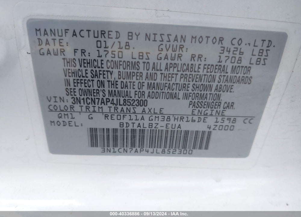 2018 NISSAN VERSA 1.6 SV VIN: 3N1CN7AP4JL852300
