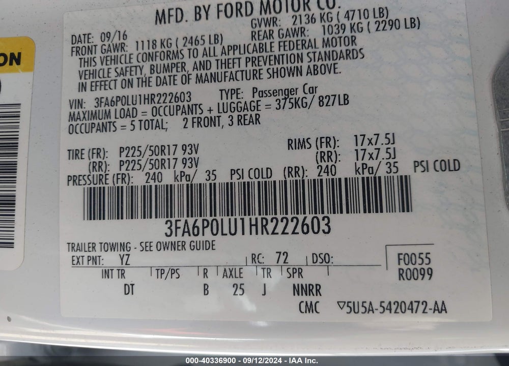 2017 FORD FUSION HYBRID SE VIN: 3FA6P0LU1HR222603