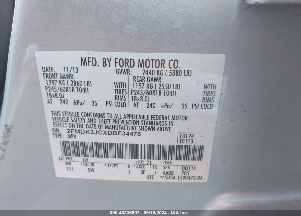 2013 FORD EDGE SEL VIN: 2FMDK3JCXDBE34478