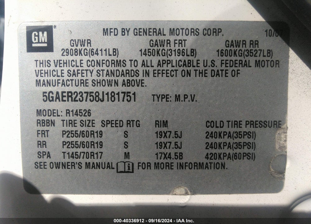 2008 BUICK ENCLAVE CXL VIN: 5GAER23758J181751