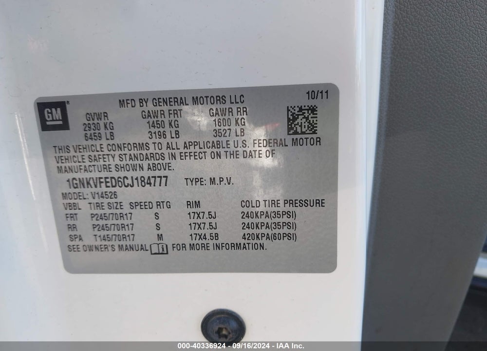 2012 CHEVROLET TRAVERSE LS VIN: 1GNKVFED6CJ184777