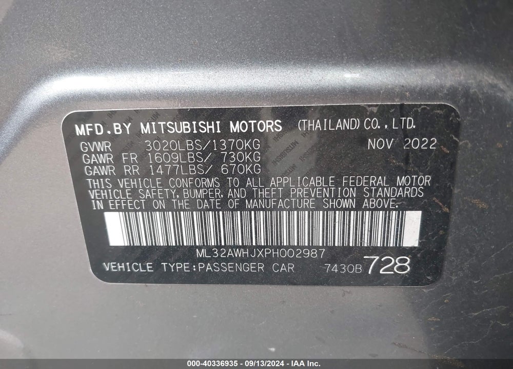 2023 MITSUBISHI MIRAGE BLACK EDITION/RALLIART/SE VIN: ML32AWHJXPH002987