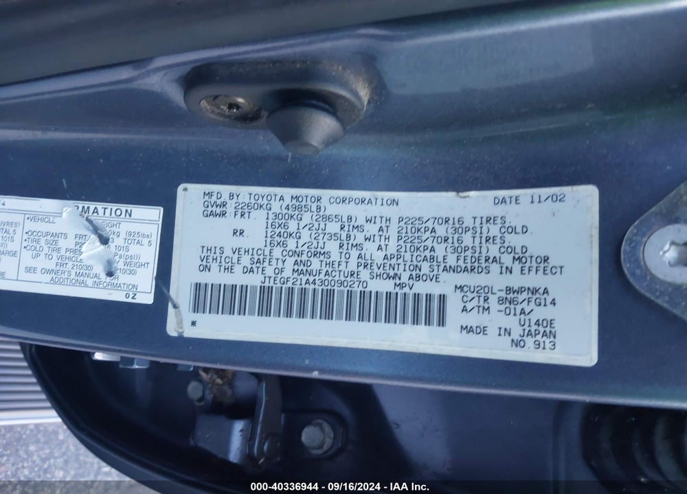 2003 TOYOTA HIGHLANDER V6 VIN: JTEGF21A430090270