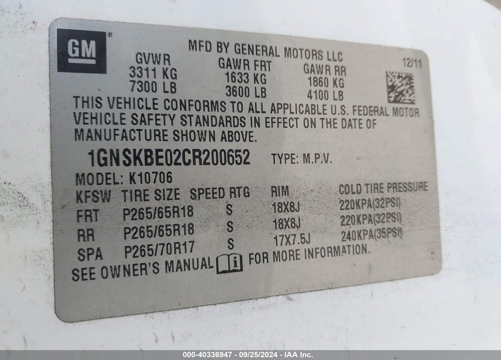2012 CHEVROLET TAHOE LT VIN: 1GNSKBE02CR200652
