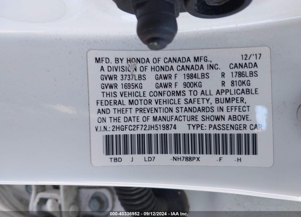 2018 HONDA CIVIC EX VIN: 2HGFC2F72JH519874