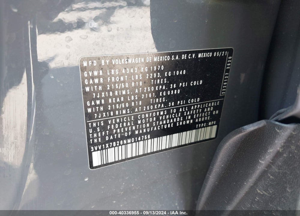 2022 VOLKSWAGEN TAOS 1.5T SEL VIN: 3VV1X7B26NM014756