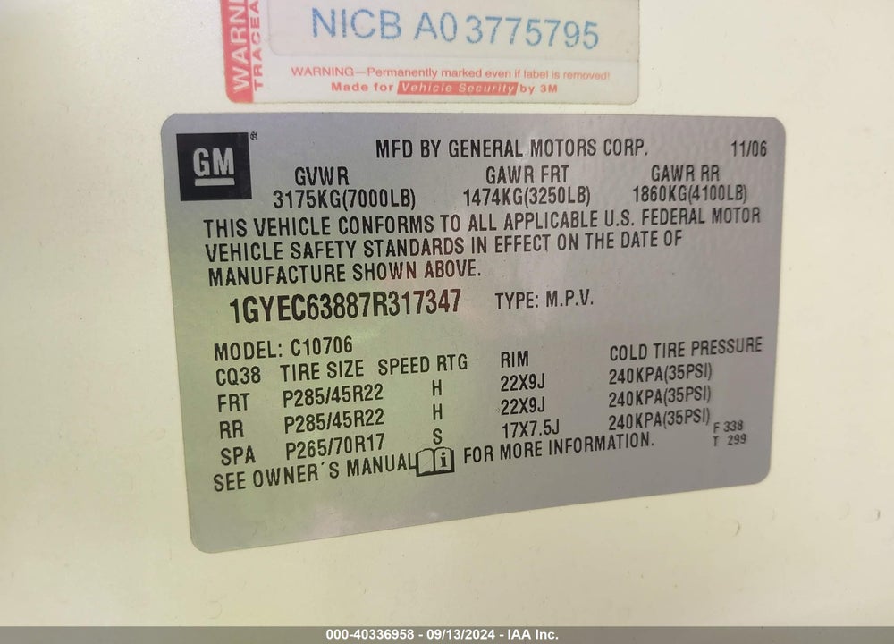2007 CADILLAC ESCALADE STANDARD VIN: 1GYEC63887R317347
