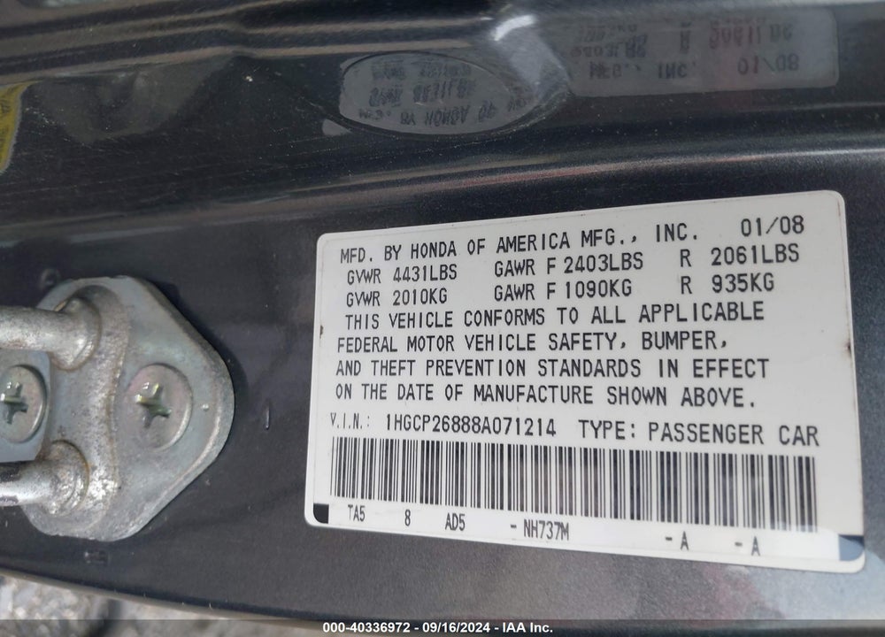 2008 HONDA ACCORD 2.4 EX-L VIN: 1HGCP26888A071214
