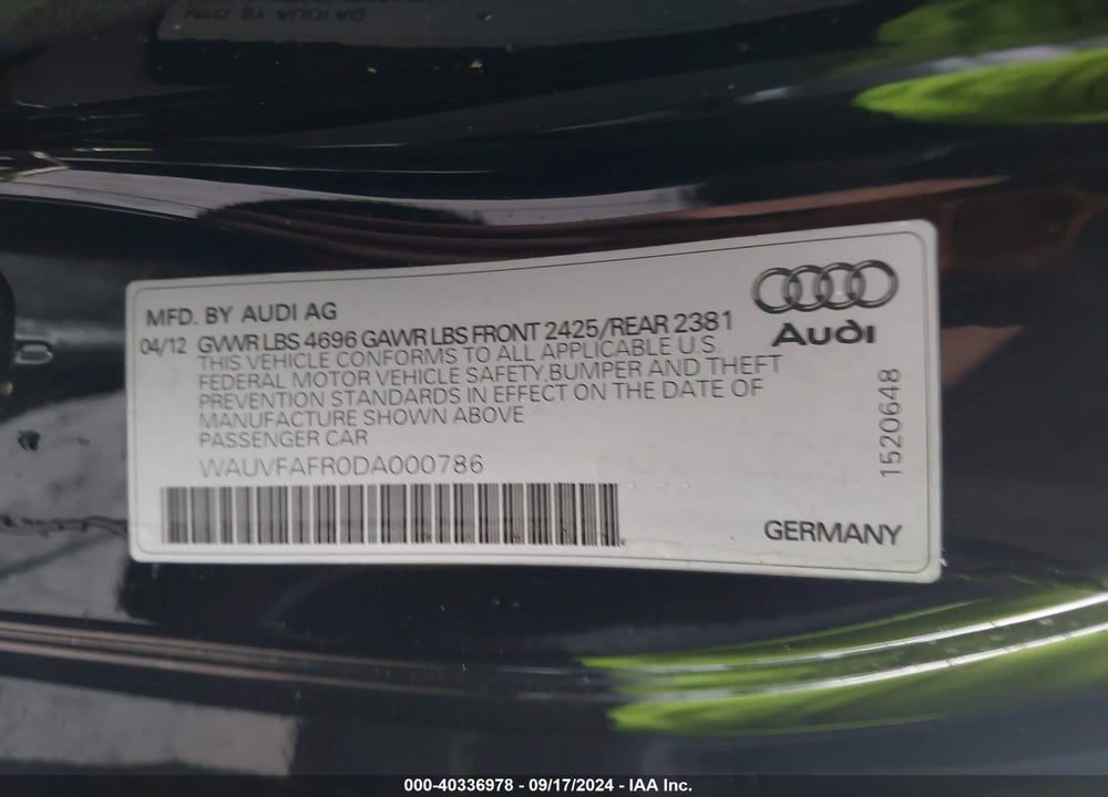 2013 AUDI A5 2.0T PREMIUM VIN: WAUVFAFR0DA000786