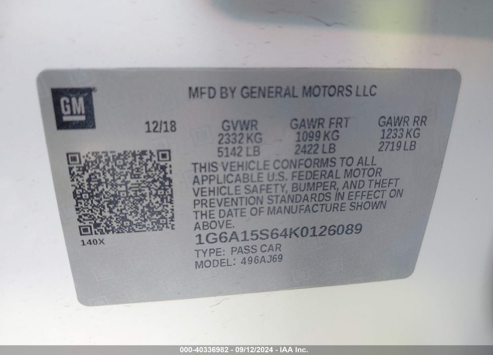 2019 CADILLAC CTS-V VIN: 1G6A15S64K0126089