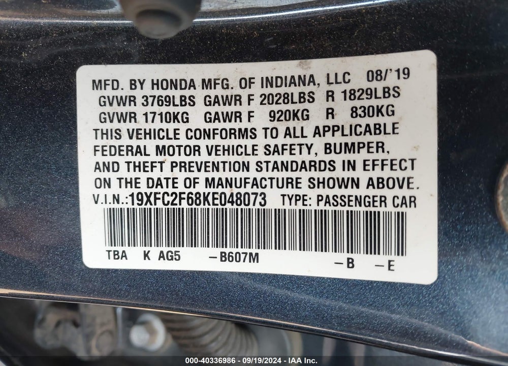 2019 HONDA CIVIC LX VIN: 19XFC2F68KE048073