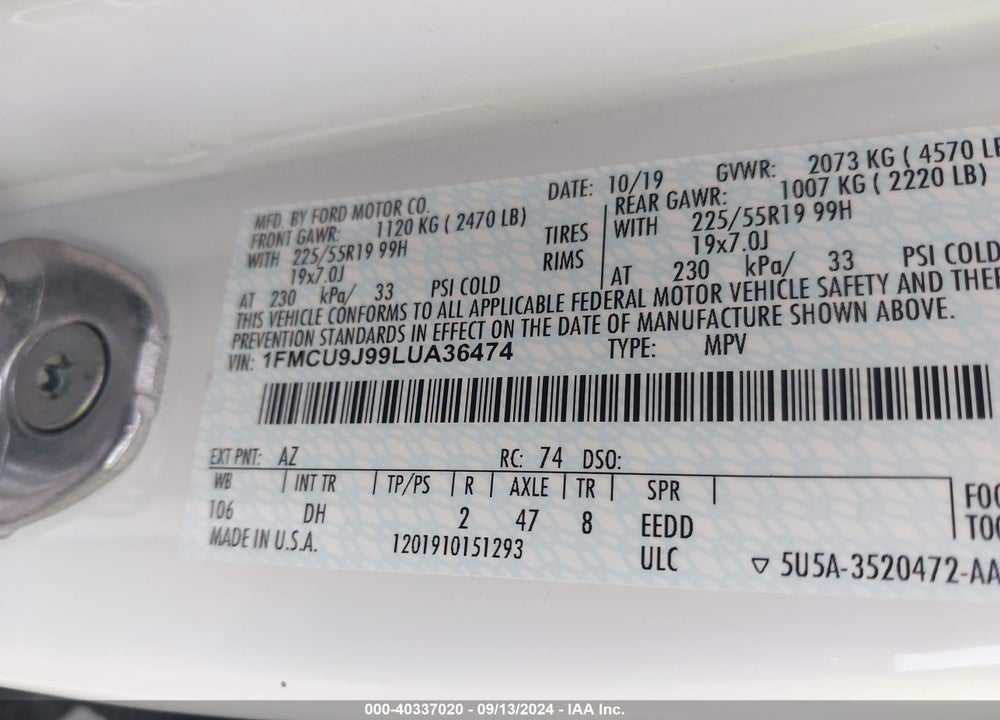 2020 FORD ESCAPE TITANIUM VIN: 1FMCU9J99LUA36474