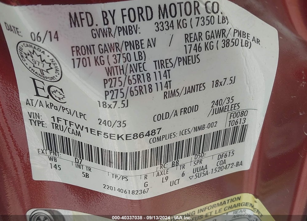 2014 FORD F-150 FX4 VIN: 1FTFW1EF5EKE86487