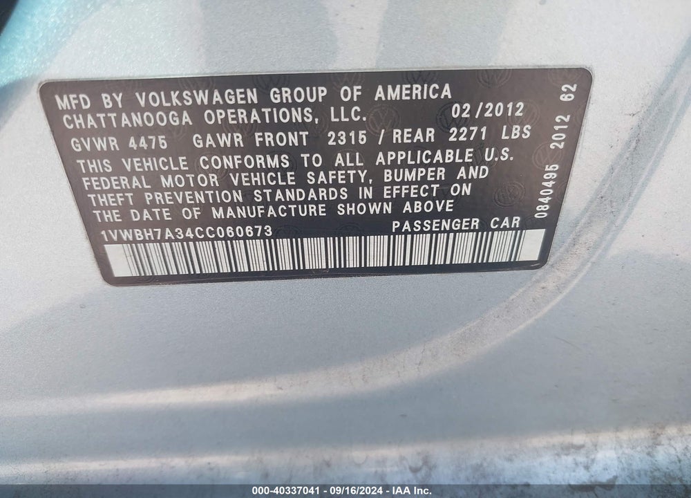 2012 VOLKSWAGEN PASSAT 2.5L SE VIN: 1VWBH7A34CC060673