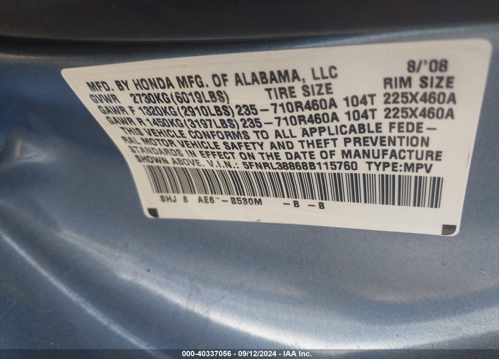 2008 HONDA ODYSSEY TOURING VIN: 5FNRL38868B115760